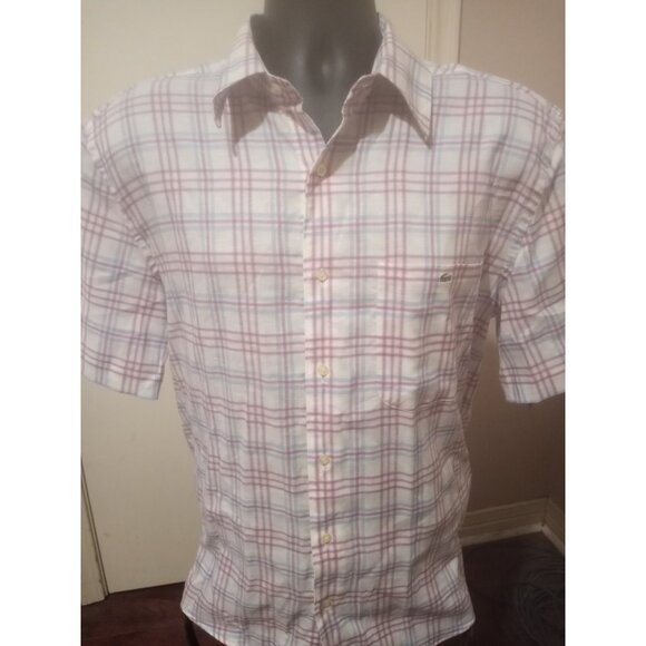 LACOSTE Mens Short Sleeve Button Shirt Size 42 Large L Blue Cotton Linen White - Picture 1 of 13